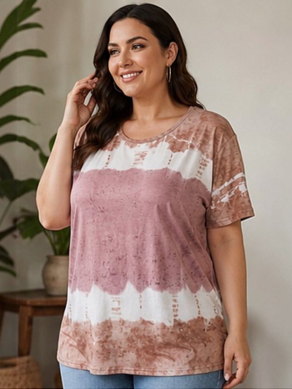 Women’s Tie Dye Casual Tee Top Pink Beige Short Sleeve Stretch Relaxed Fit - L - Picture 1 of 9